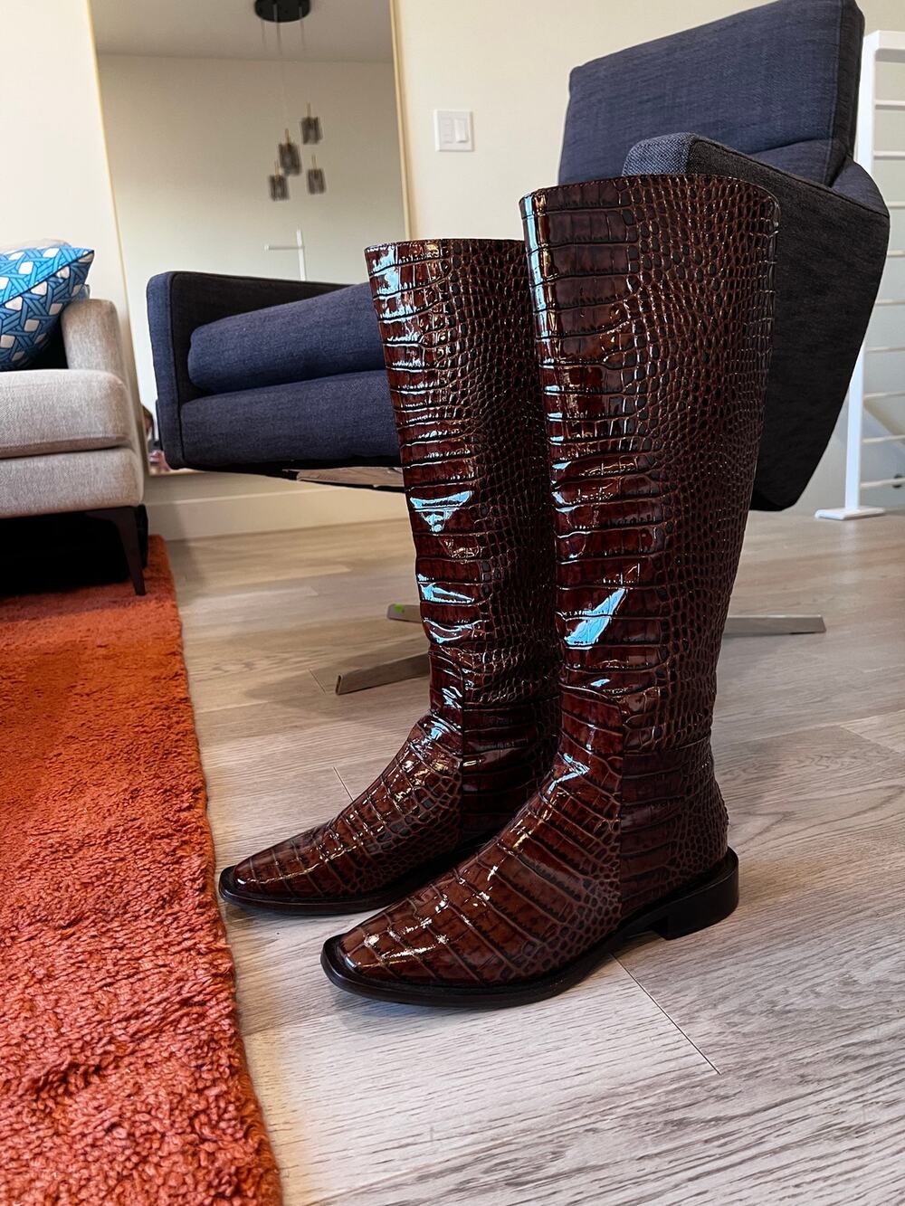 Zinda Brown Patent Croc Pattern Knee Boots